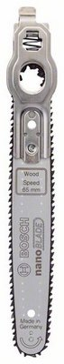 Ezüst Bosch NanoBlade fűrészlap a következő szöveggel: Wood Speed 65 mm, Made in Germany.