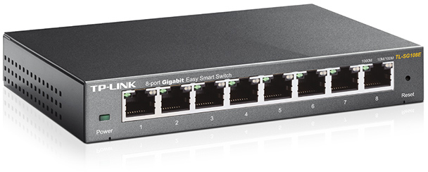 A black TP-Link 8-port Gigabit Easy Smart Switch with ports labeled 1-8 and power and reset.