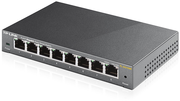 A gray TP-Link 8-port Gigabit Easy Smart Switch.  Ports 1-8 are labeled.