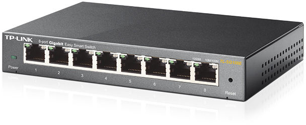 Black TP-Link 8-port Gigabit Easy Smart switch. It has 8 ethernet ports.