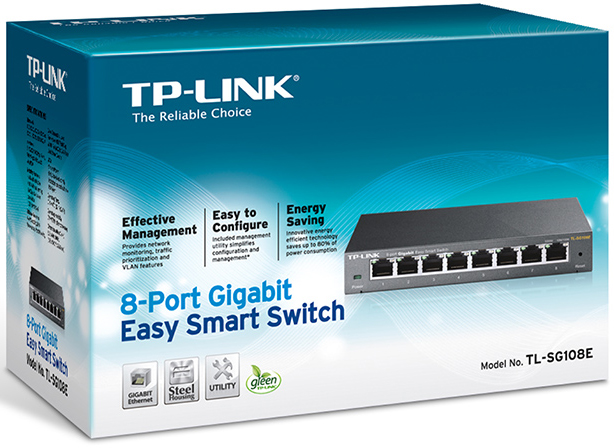 TP-Link 8-Port Gigabit Easy Smart Switch box with switch inside.