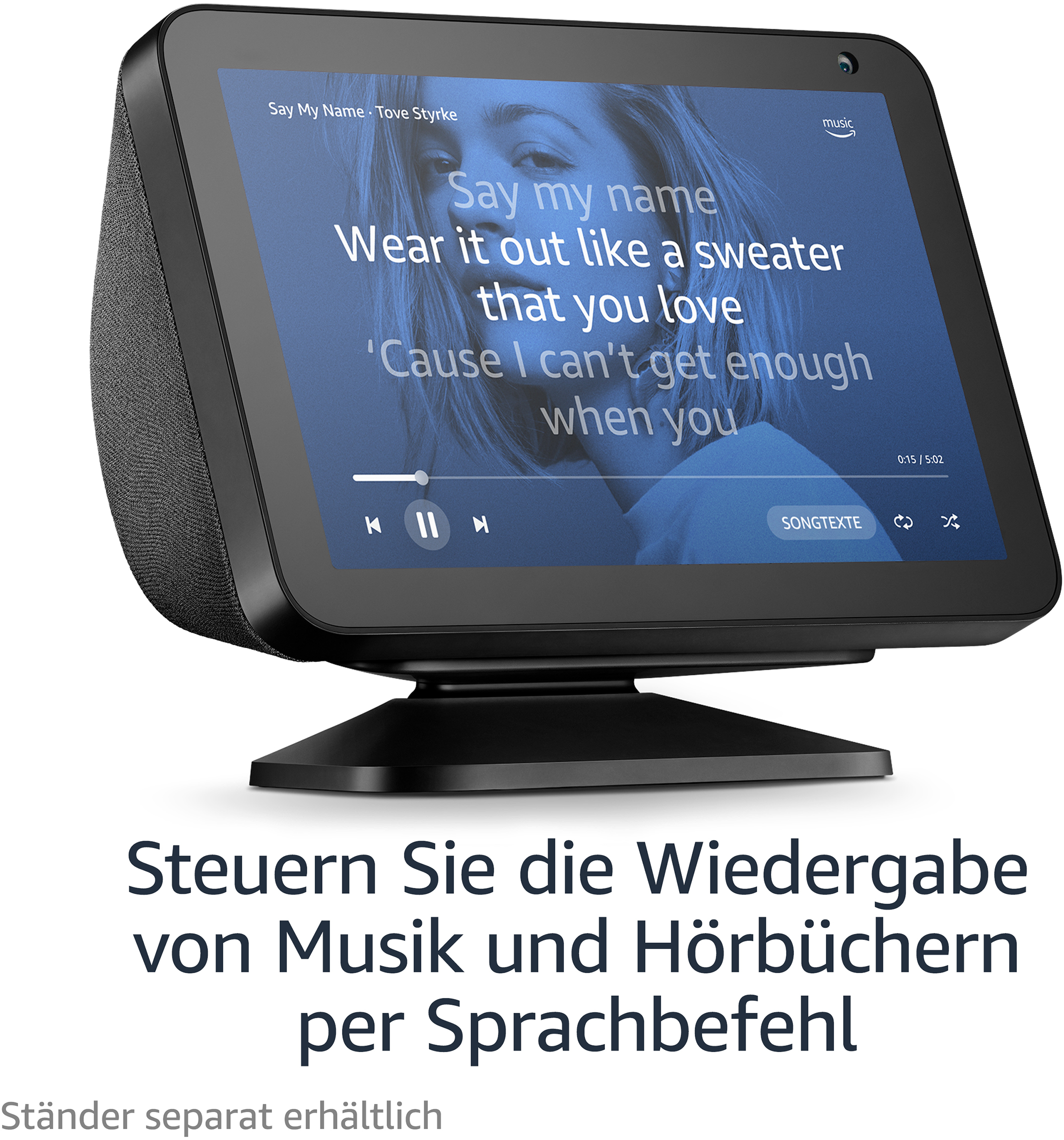 Ein schwarzes Smart-Display mit Songtexten, mit abgewinkeltem Sockel und Text darunter.
