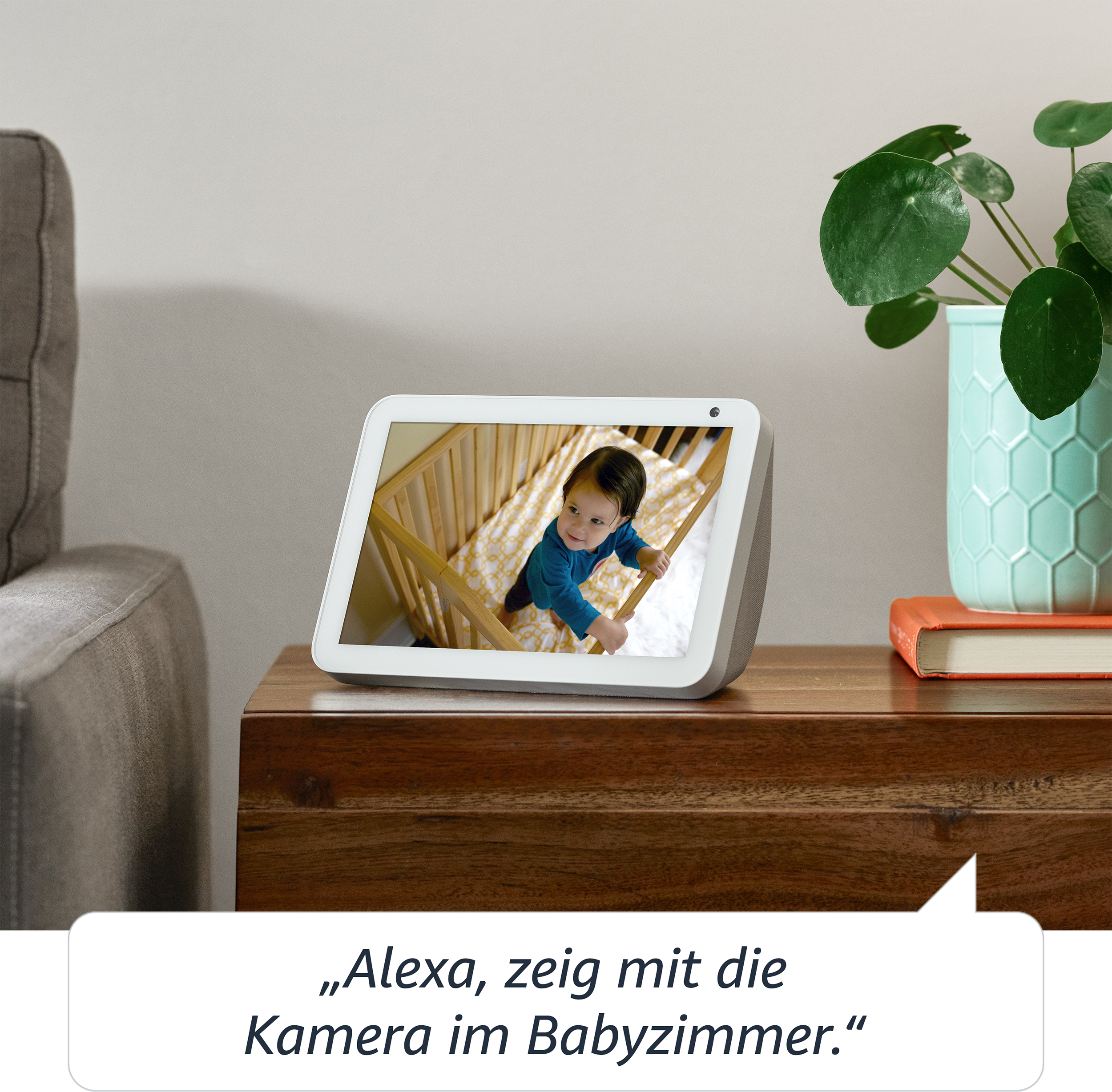 Smart Display, das ein Baby in einem Kinderbett zeigt.