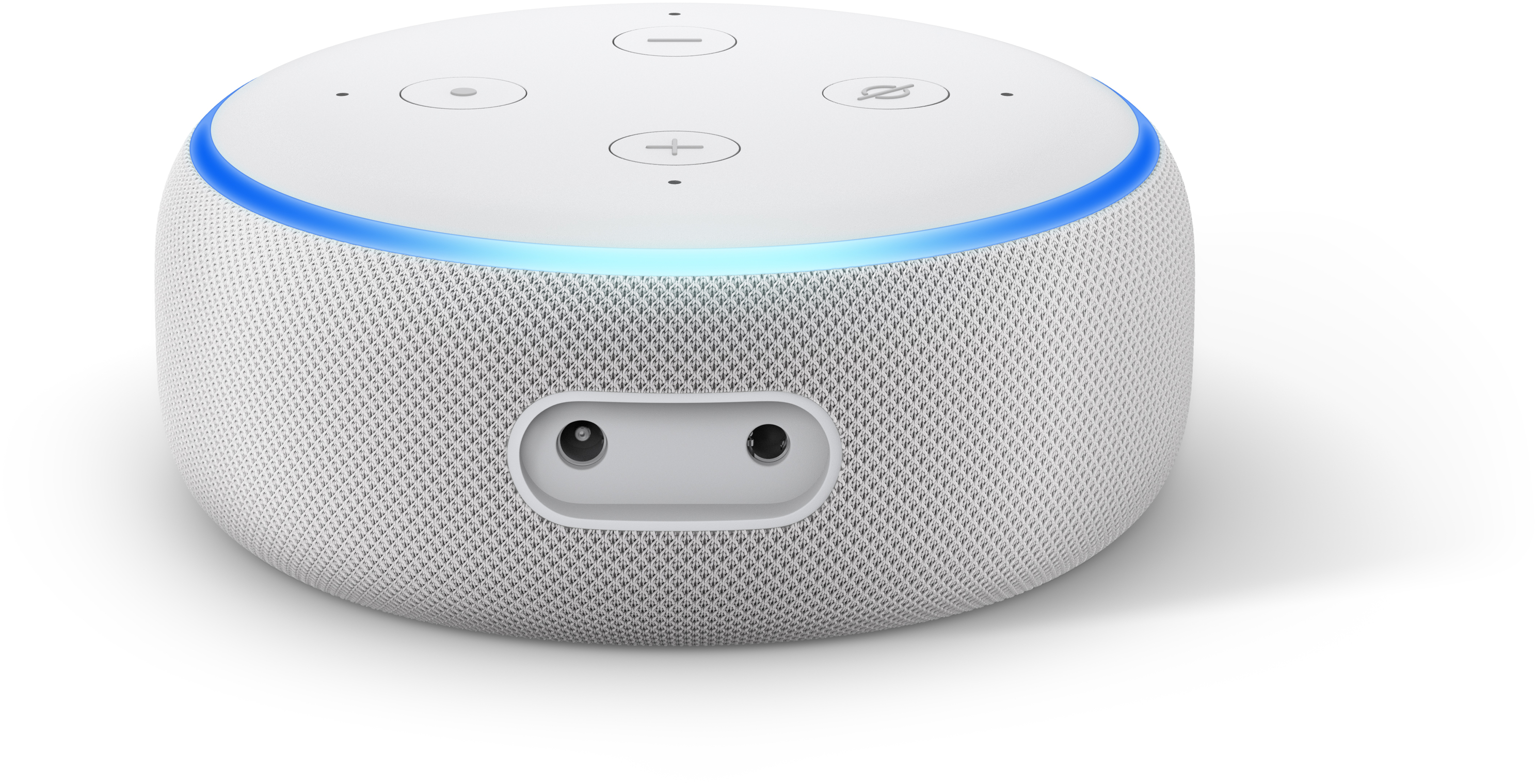 Weißer Smart Speaker mit blauem Lichtring am Sockel.
