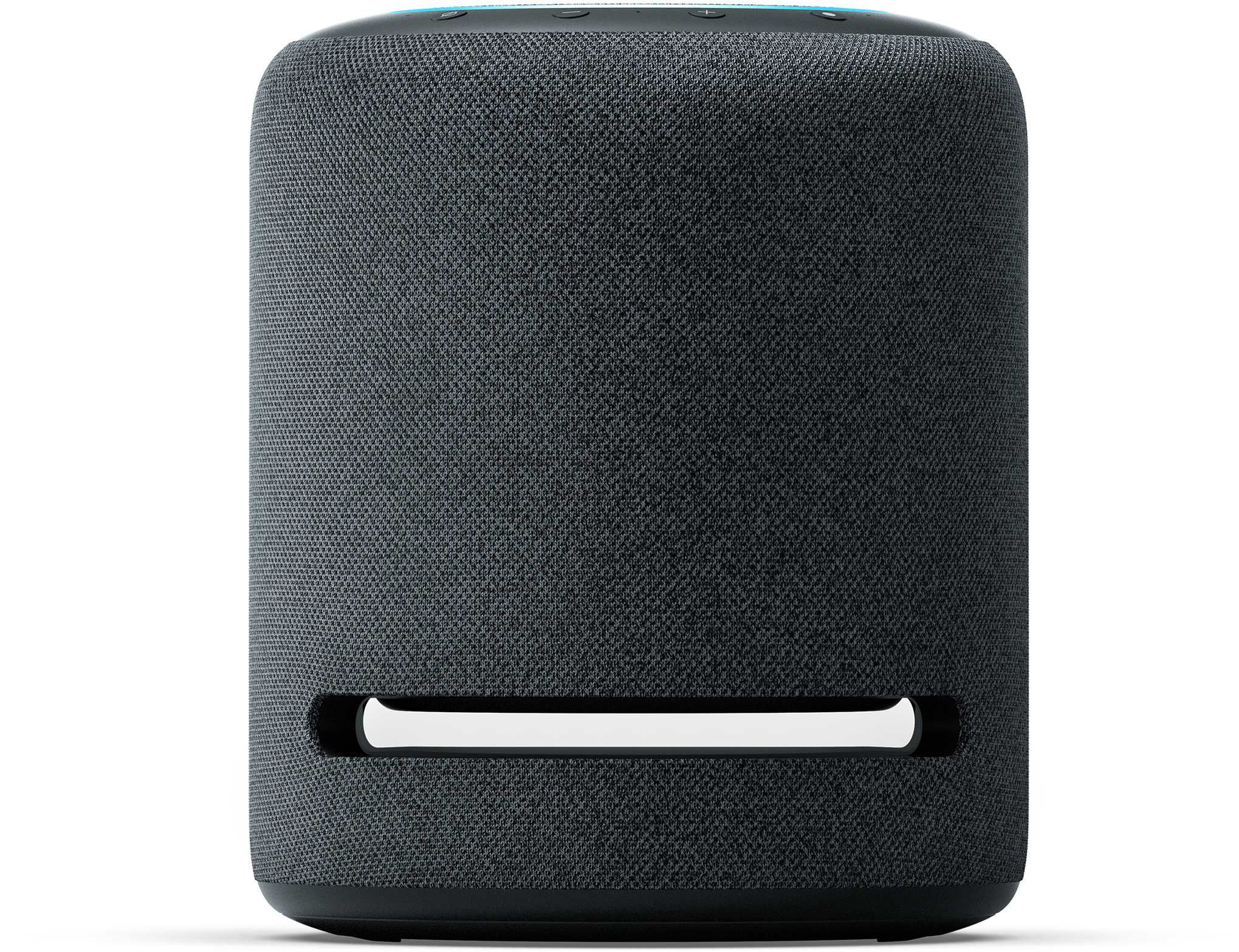 Großer, dunkelgrauer Amazon Echo Studio Lautsprecher mit weißem Lichtbalken.