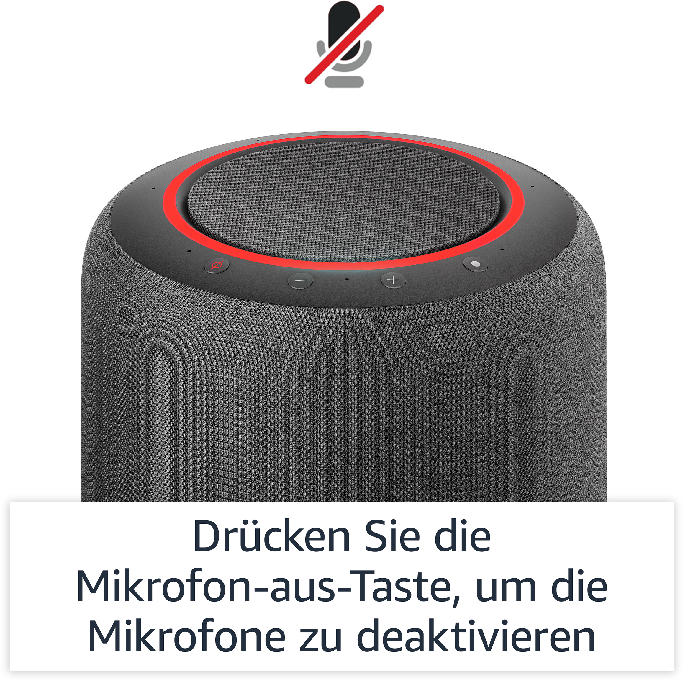 Schwarzer Smart-Lautsprecher mit rotem Licht oben und Text zur Deaktivierung des Mikrofons.