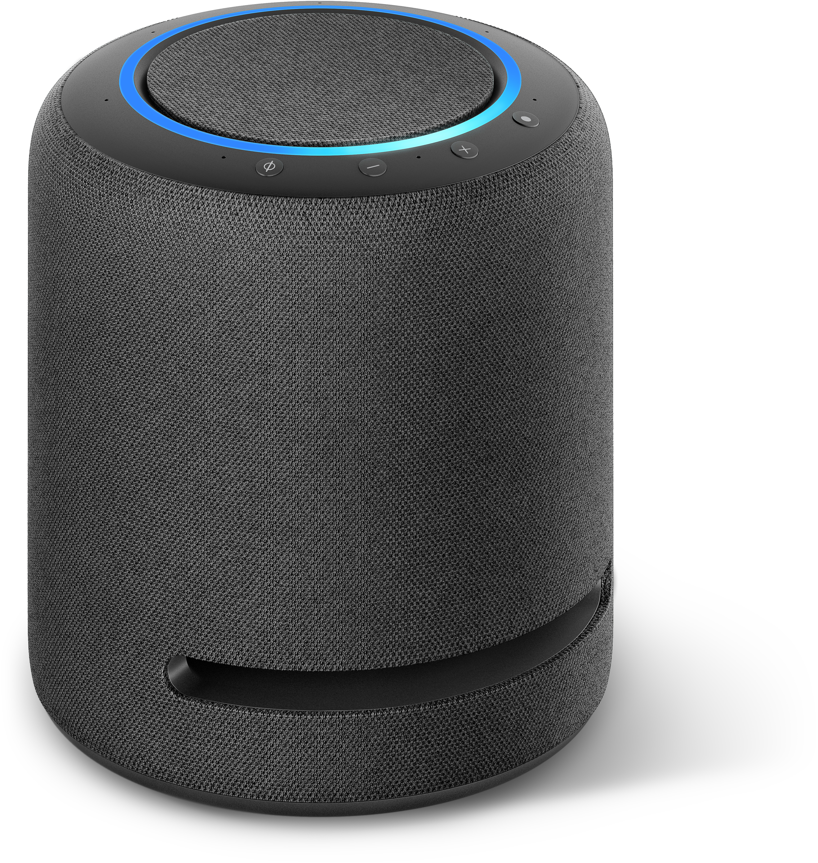 Amazon Echo Studio Lautsprecher auf weißem Hintergrund mit Schatten.