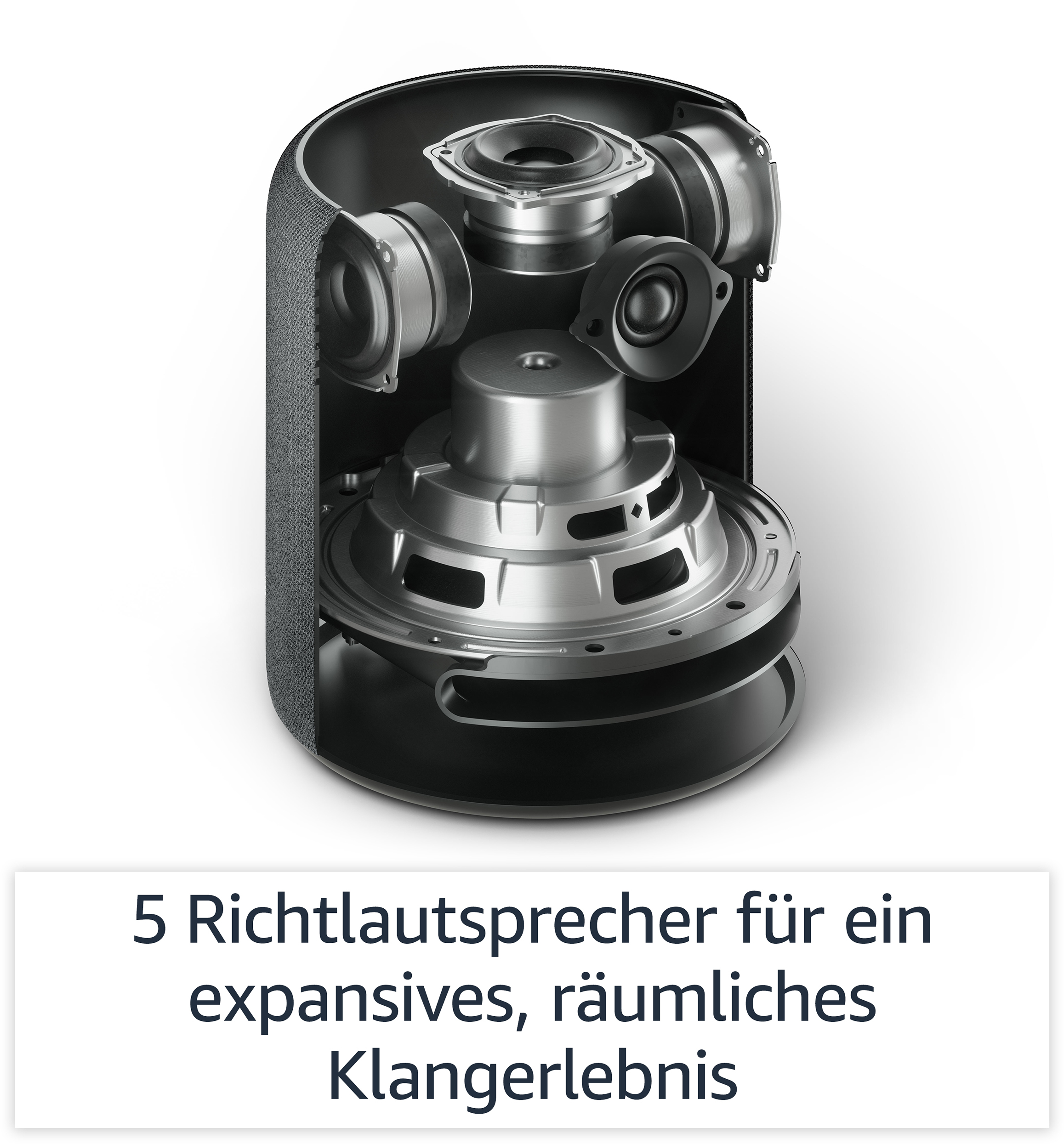 Schnittmodell eines zylindrischen Lautsprechers mit Innenkomponenten und Text auf Deutsch.
