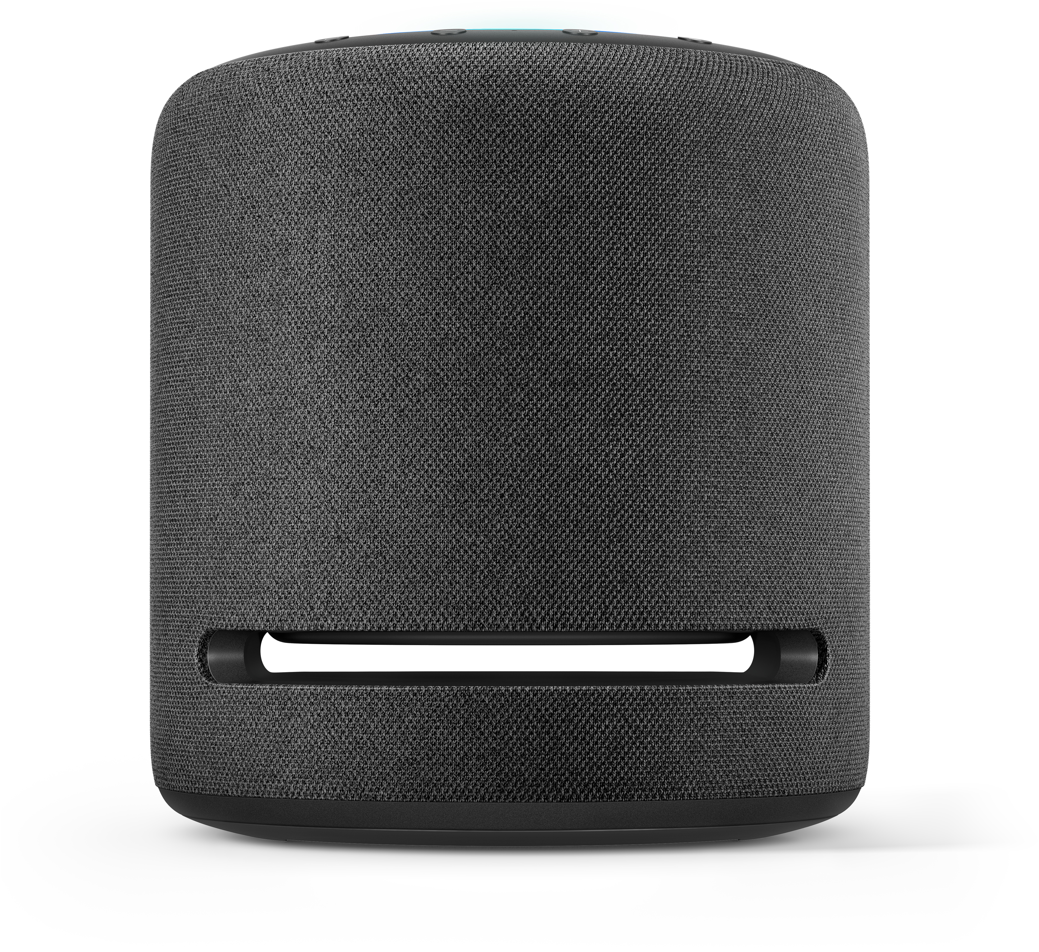 Ein zylindrischer schwarzer Amazon Echo Studio-Lautsprecher mit einem horizontalen Schlitz auf der Vorderseite.