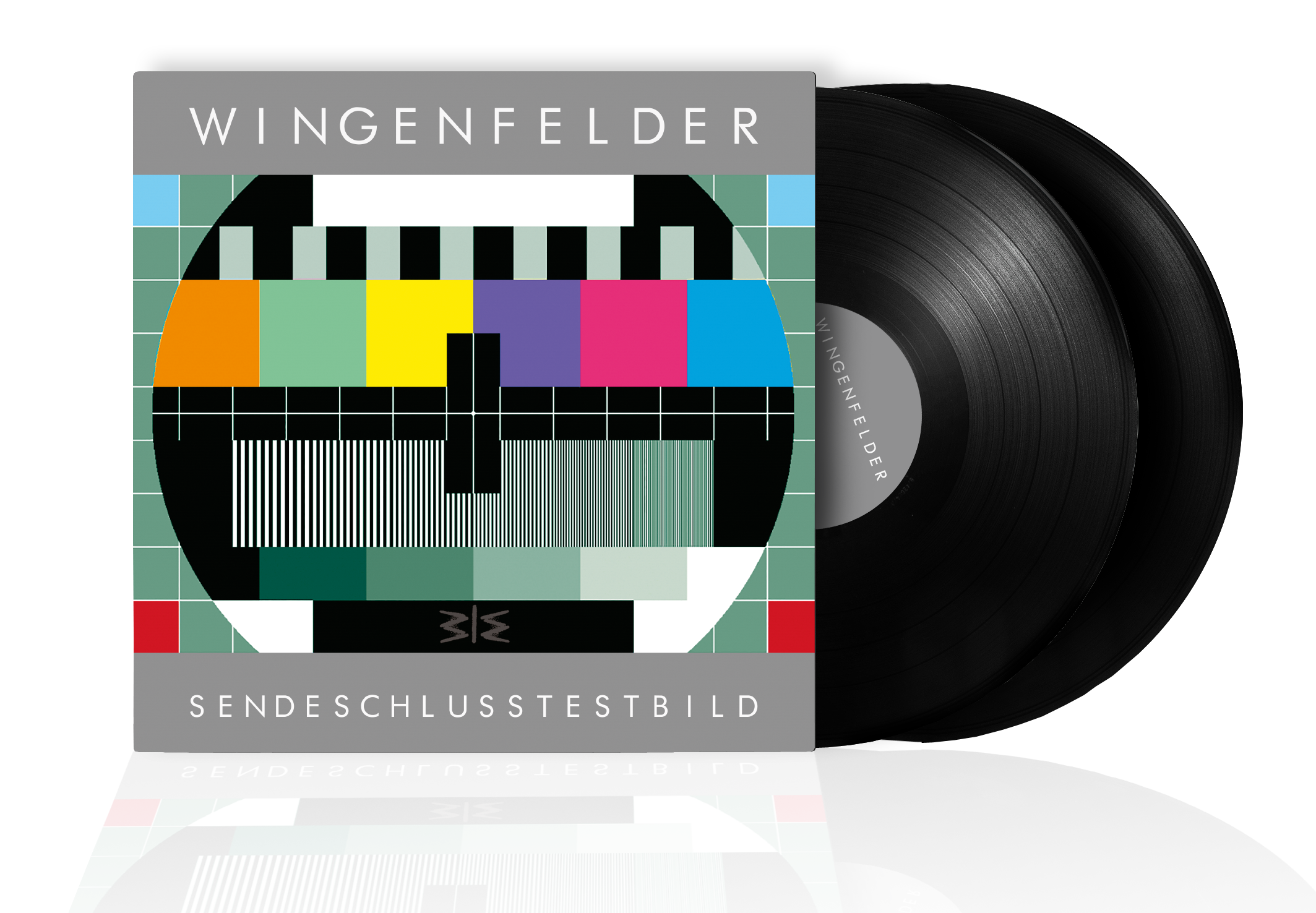 Albumcover mit einer Testmustergrafik und Schallplatten. Schwarzer Hintergrund.