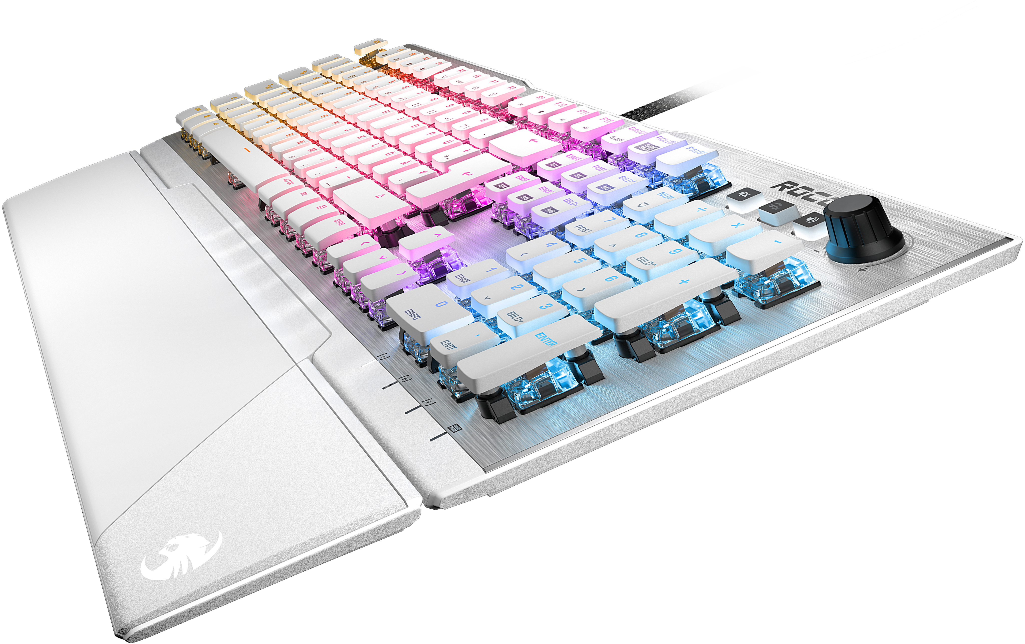 Weiße Tastatur mit bunten Tasten und einem Drehknopf auf grauer Oberfläche.