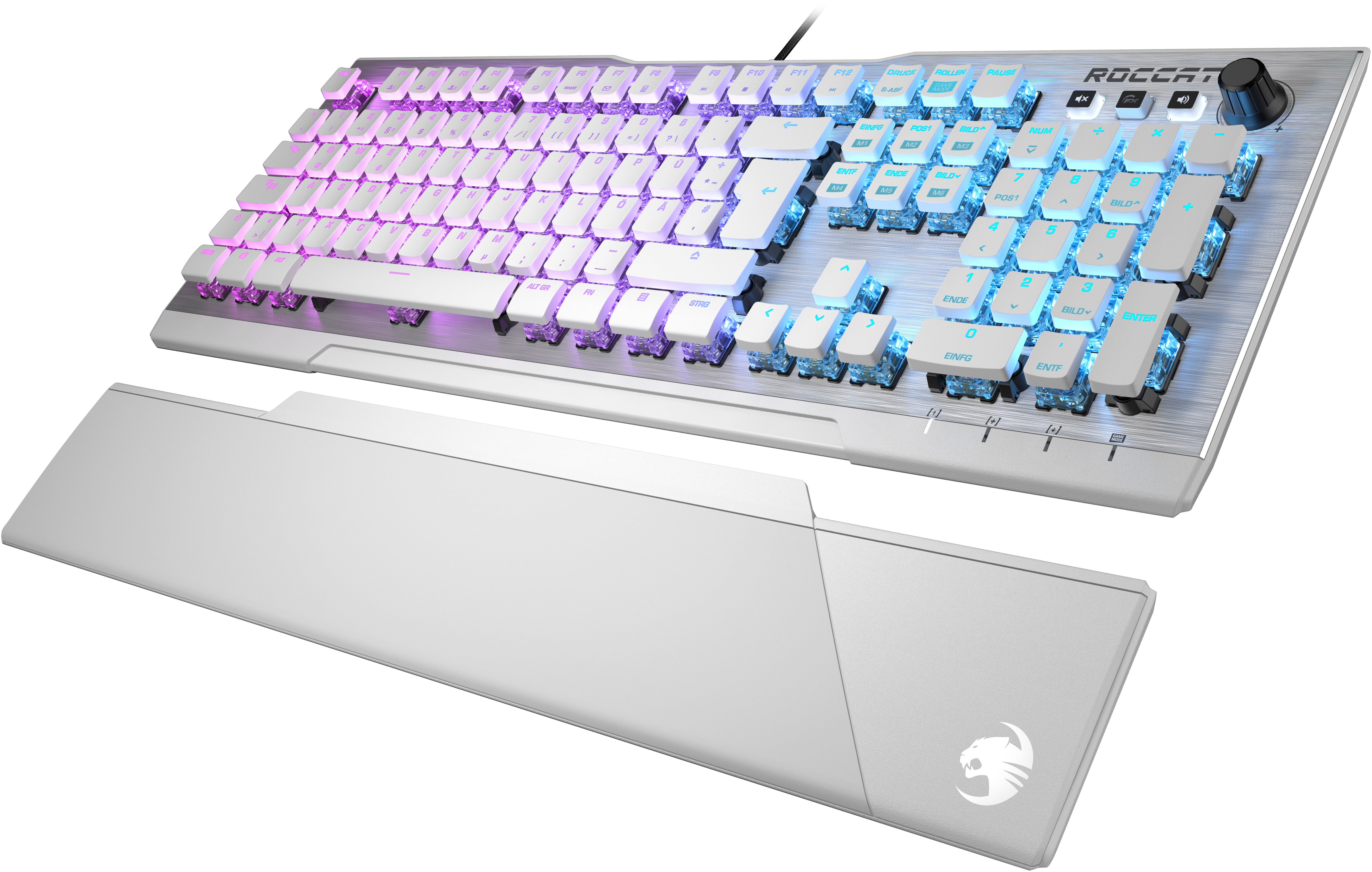 Weiße Gaming-Tastatur mit RGB-Beleuchtung und einer weißen Handgelenkauflage.