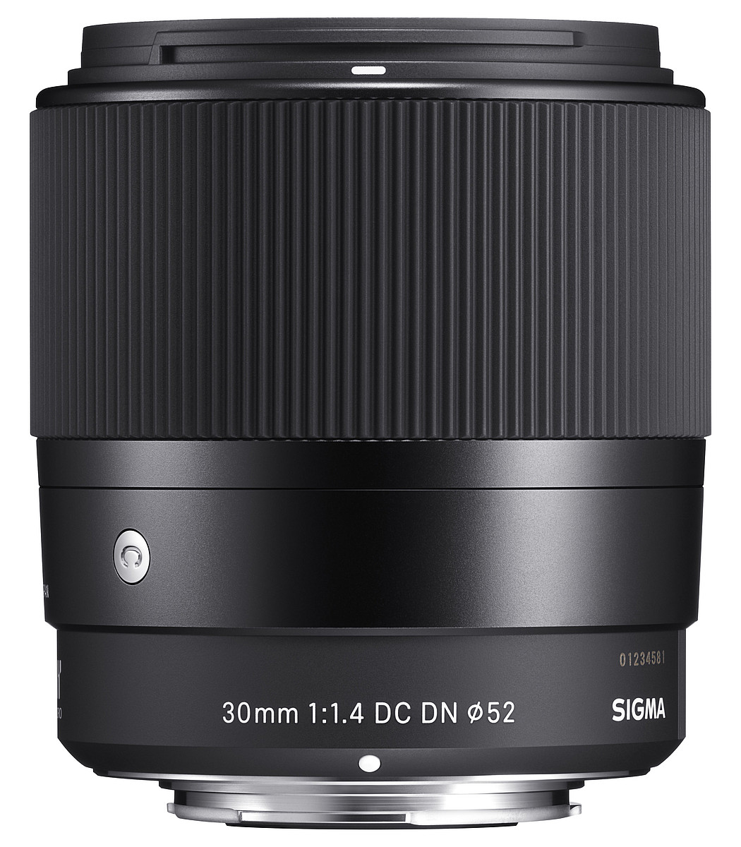 Schwarzes Kameraobjektiv, 30mm 1:1.4, mit Fokusring und Sigma-Marke.
