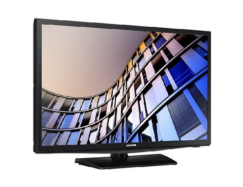 Televisor negro con imagen de edificio curvo en la pantalla. Soporte negro.