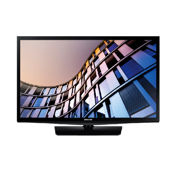 Un televisor de pantalla plana negro con un edificio curvo mostrado.