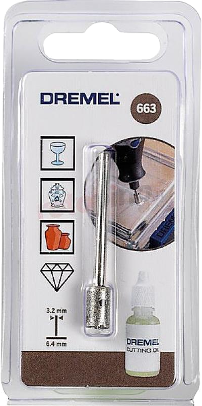 Dremel szerszámkészlet. Egy bitet, vágóolajat és üveg és más anyagok ikonjait mutatja.