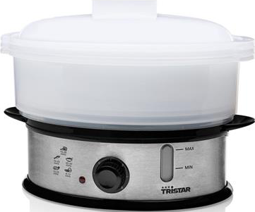 Vaporiera Tristar in acciaio inox con coperchio bianco, base nera e quadrante.