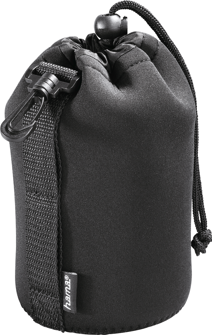 Una borsa per obiettivi nera con chiusura a coulisse e moschettone.