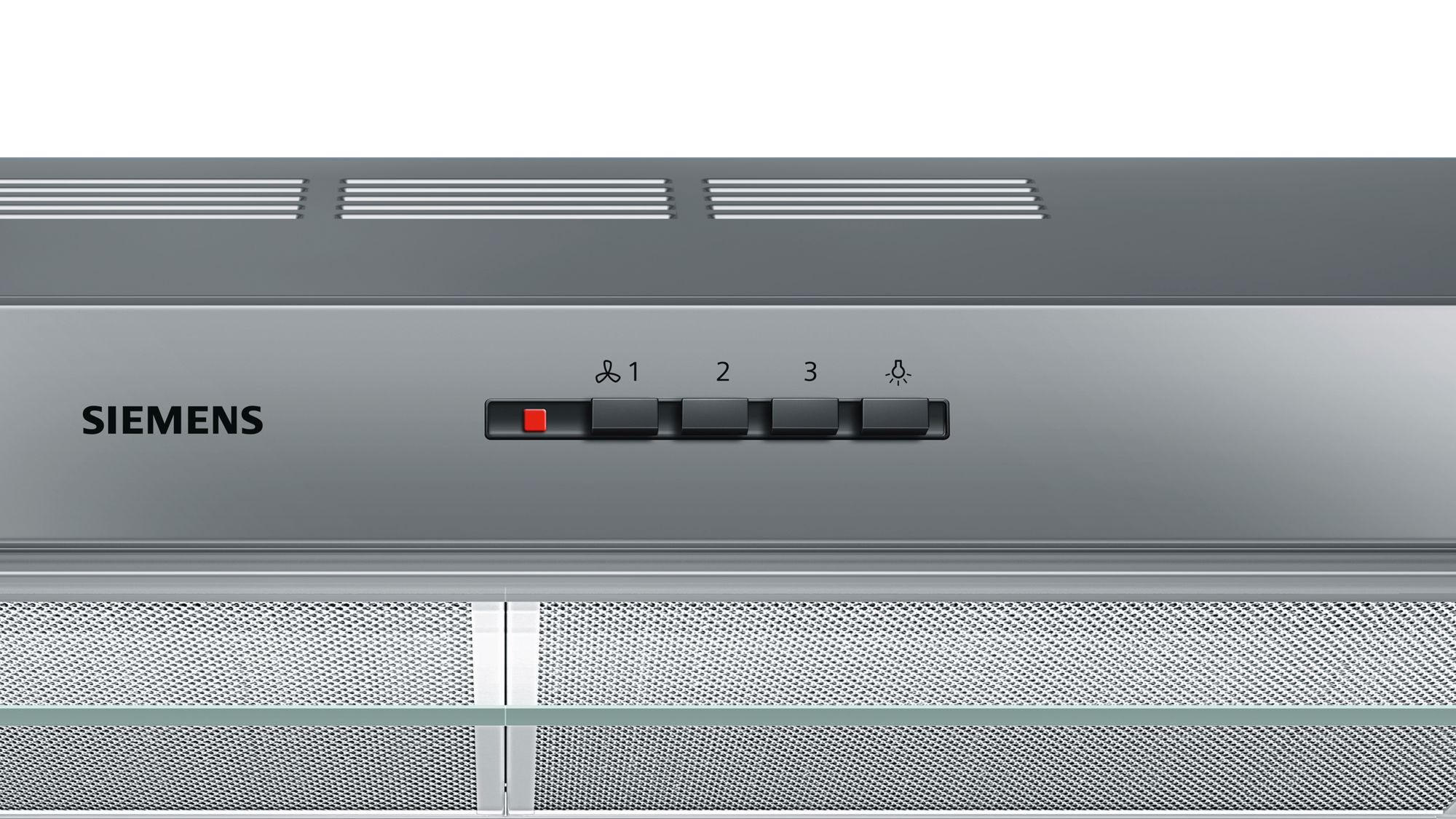 Hotte aspirante Siemens argentée. Boutons pour la vitesse du ventilateur et la lumière. Vue d'en bas.