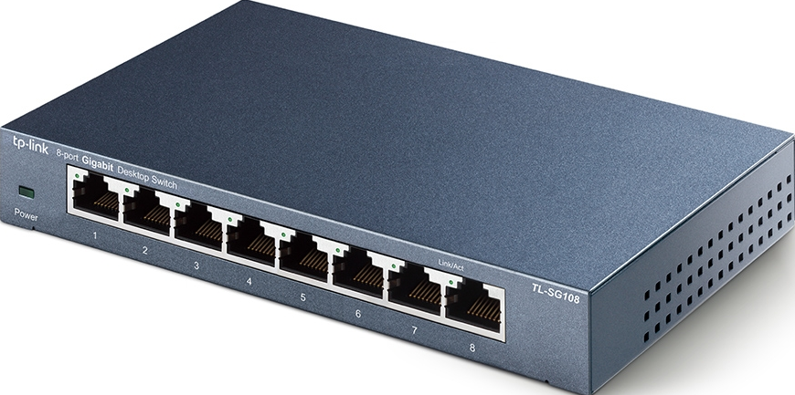 Un commutateur Gigabit Ethernet à 8 ports bleu-gris. Dispose de voyants d'alimentation et de liaison/act.