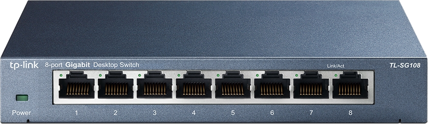 Un commutateur réseau gris avec huit ports Ethernet.