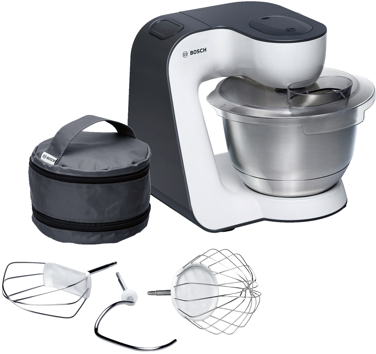 Bosch kitchen machine and accessories. Includes the main unit, a storage bag, and various attachments.