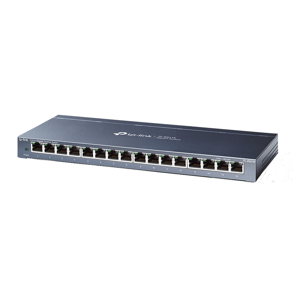 A gray TP-link network switch with 16 ports is shown.