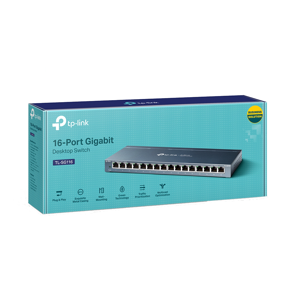 Network switch in a box, with ports and logo.