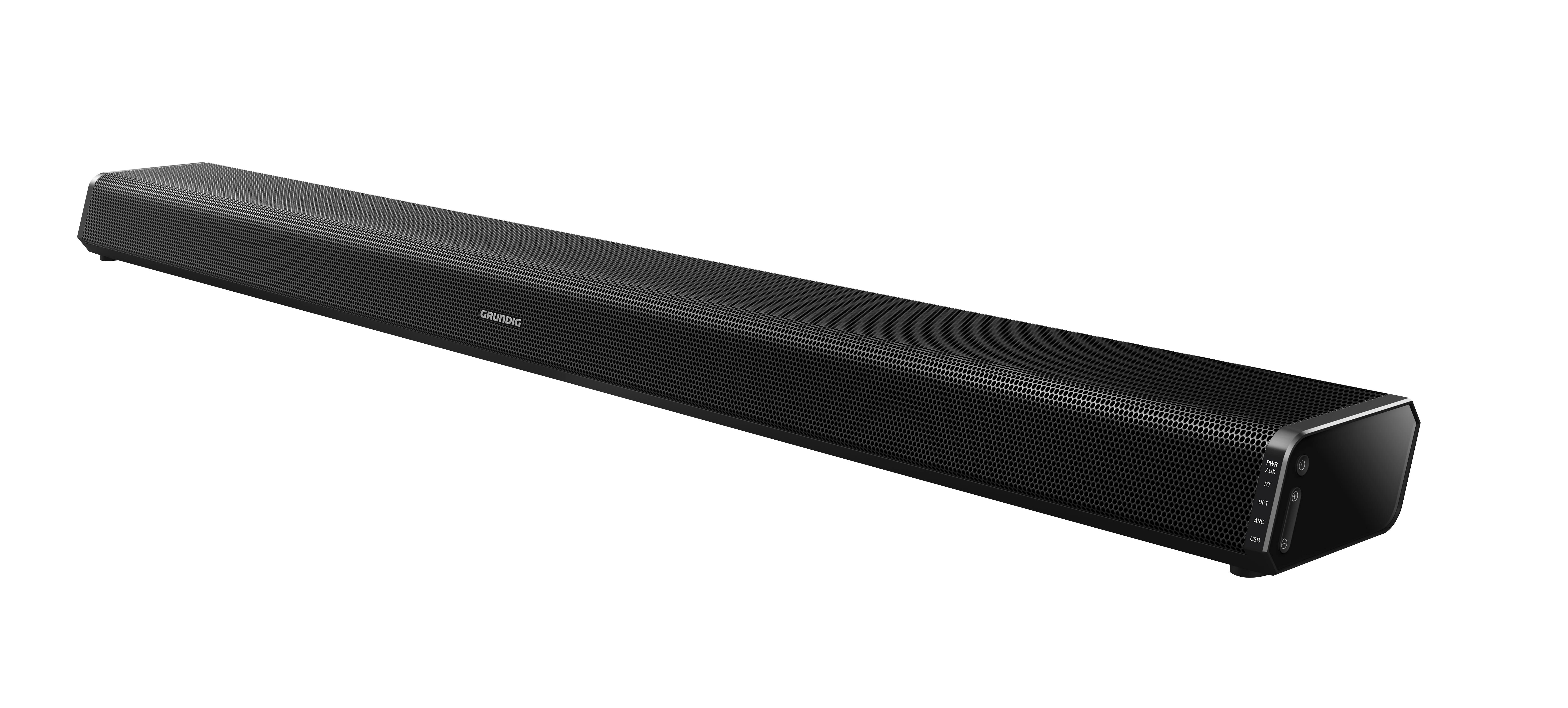 Schwarze Grundig Soundbar auf weißem Hintergrund. Es ist eine lange, rechteckige Form mit Mesh-Front und Bedienfeld an der Seite.