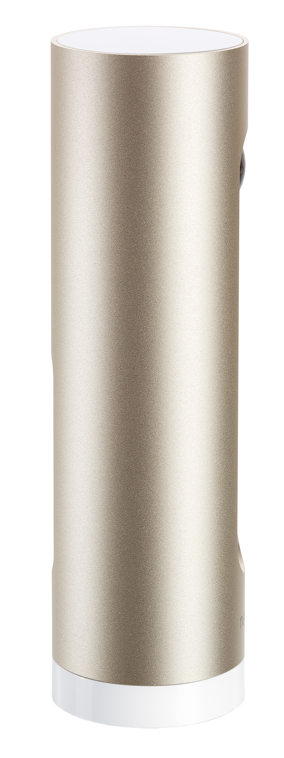 Haut-parleur cylindrique doré avec base blanche, sur fond noir.