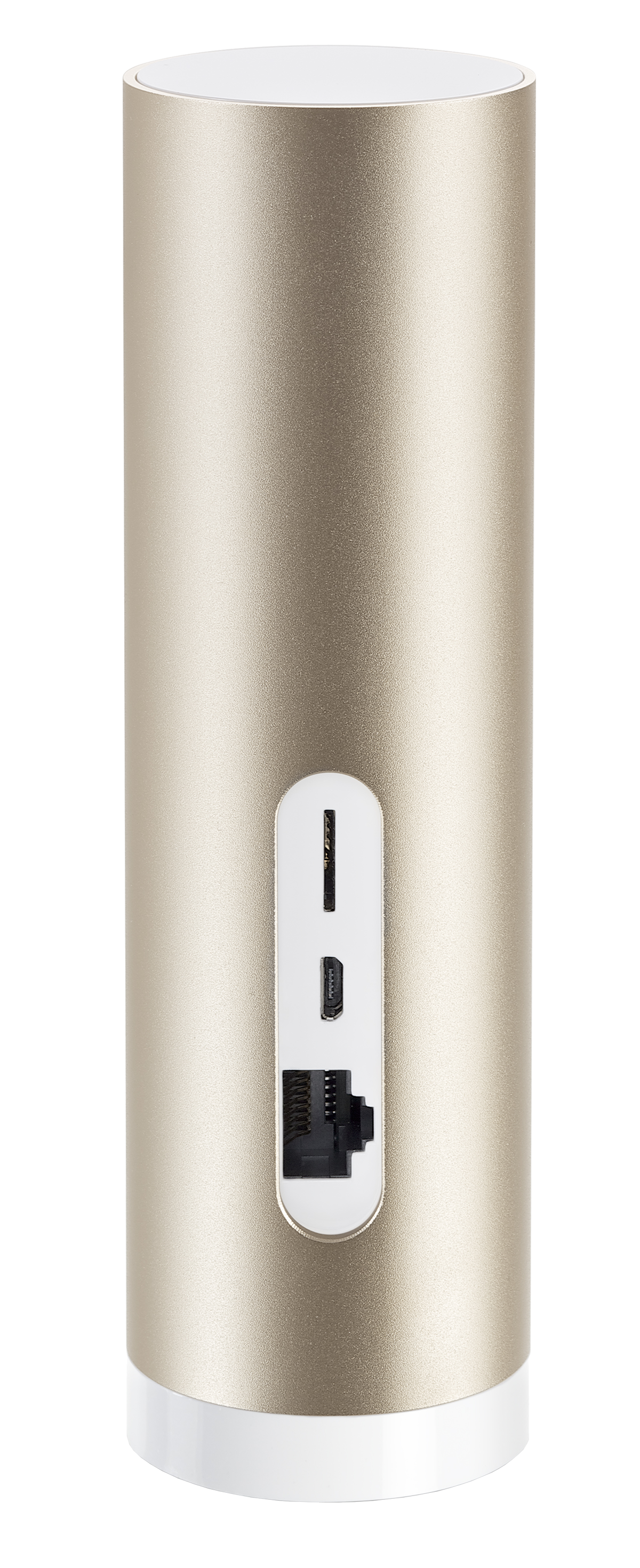 Cylindre doré avec ports pour carte SD, USB et Ethernet, isolé sur fond noir.