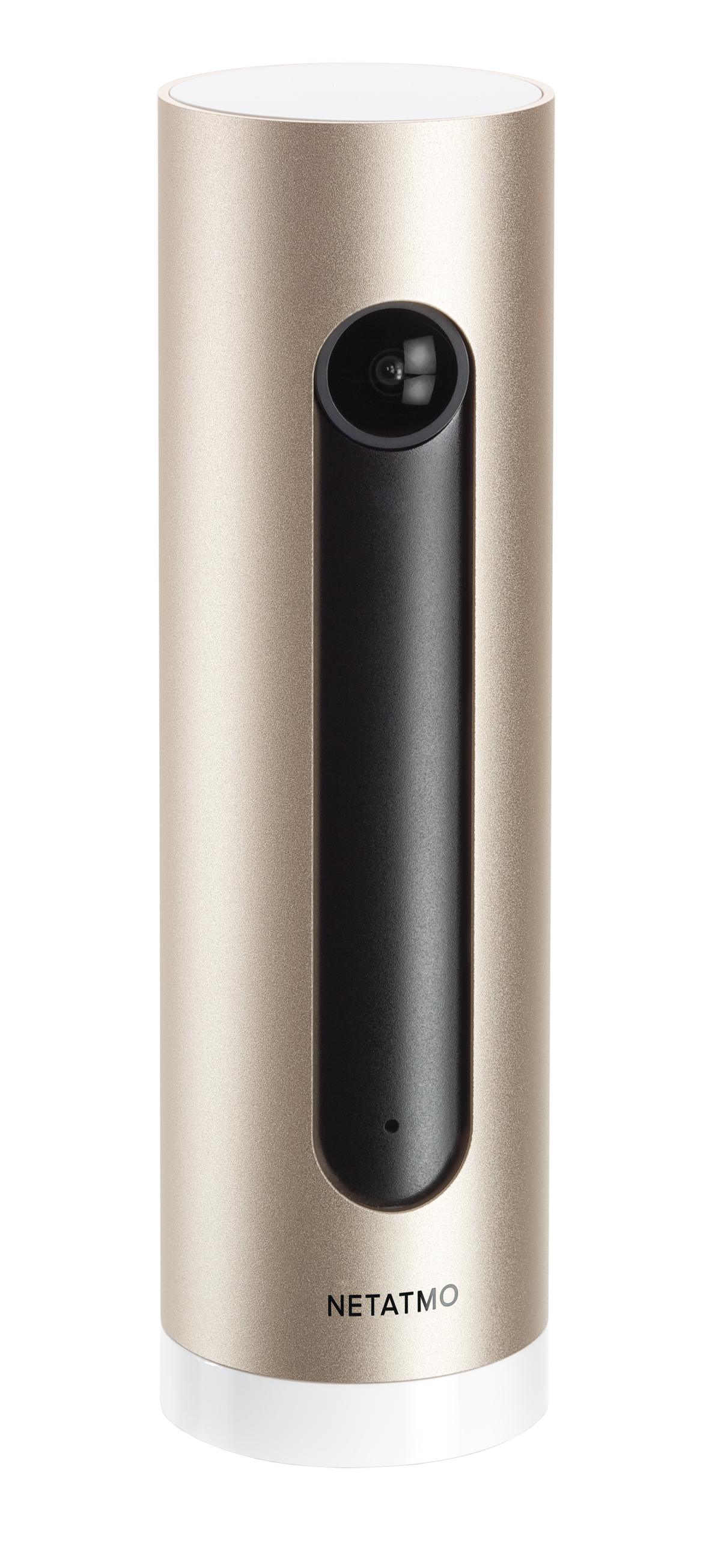 Une caméra de sécurité Netatmo dorée et noire.