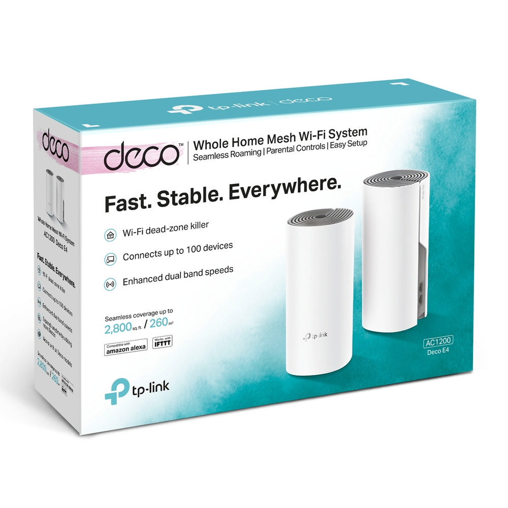 TP-Link Deco Wi-Fi sistemi kutusu. Beyaz silindirler ve özellikler hakkında metin.