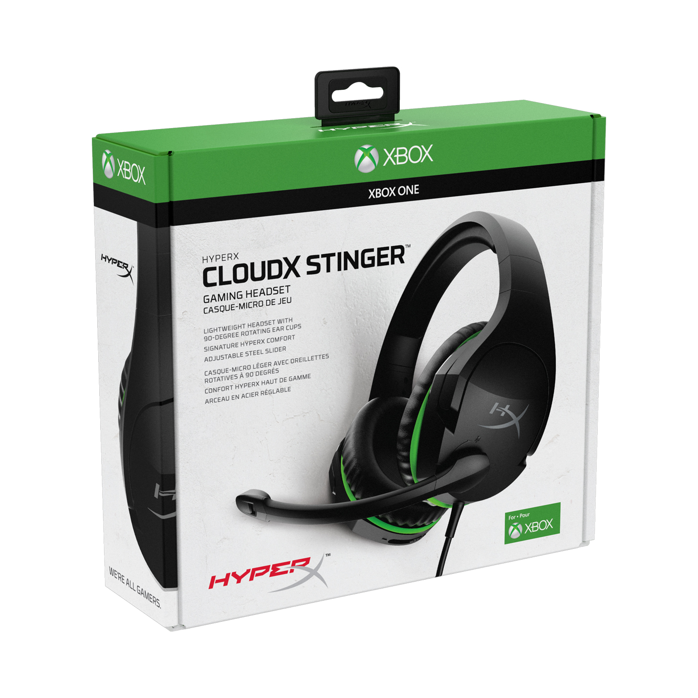 Xbox-Gaming-Headset-Box. Schwarzes Headset mit grünen Akzenten. Mit HyperX- und Xbox-Logos.