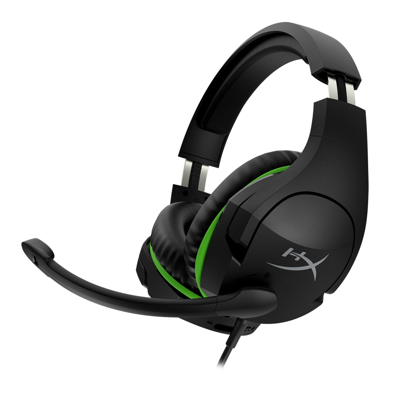 Schwarze und grüne HyperX Cloud Stinger Core Kopfhörer mit Mikrofon auf weißem Hintergrund.