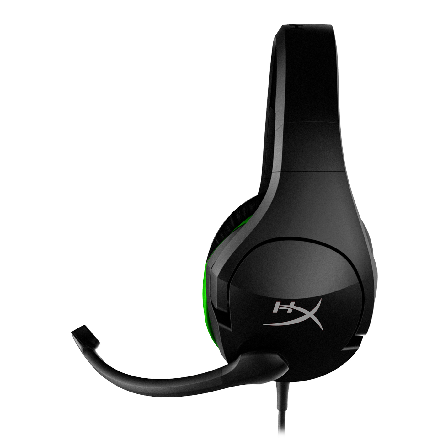 Schwarzes und grünes Gaming-Headset mit Mikrofon auf weißem Hintergrund.