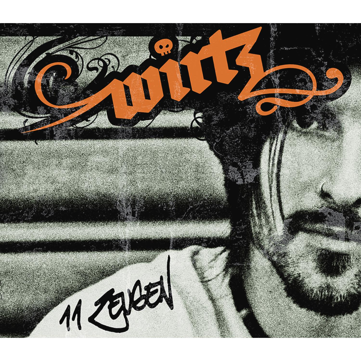 Albumcover mit orangefarbener Schrift „Witz“ und einem Schwarz-Weiß-Bild eines Mannes.