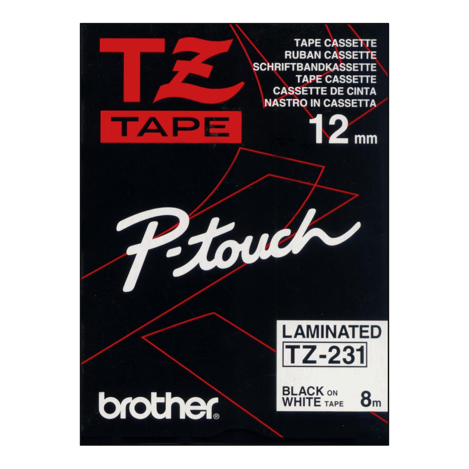 Nero su nastro per etichette P-touch bianco. Indica che è largo 12 mm, testo nero su nastro bianco.
