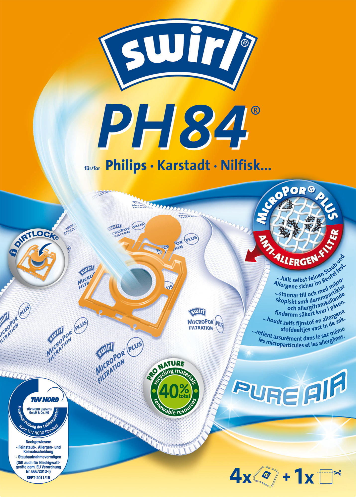 Verpackung des Staubsaugerbeutels Swirl PH84. Enthält das Swirl-Logo, Filterinformationen und Produktdetails.