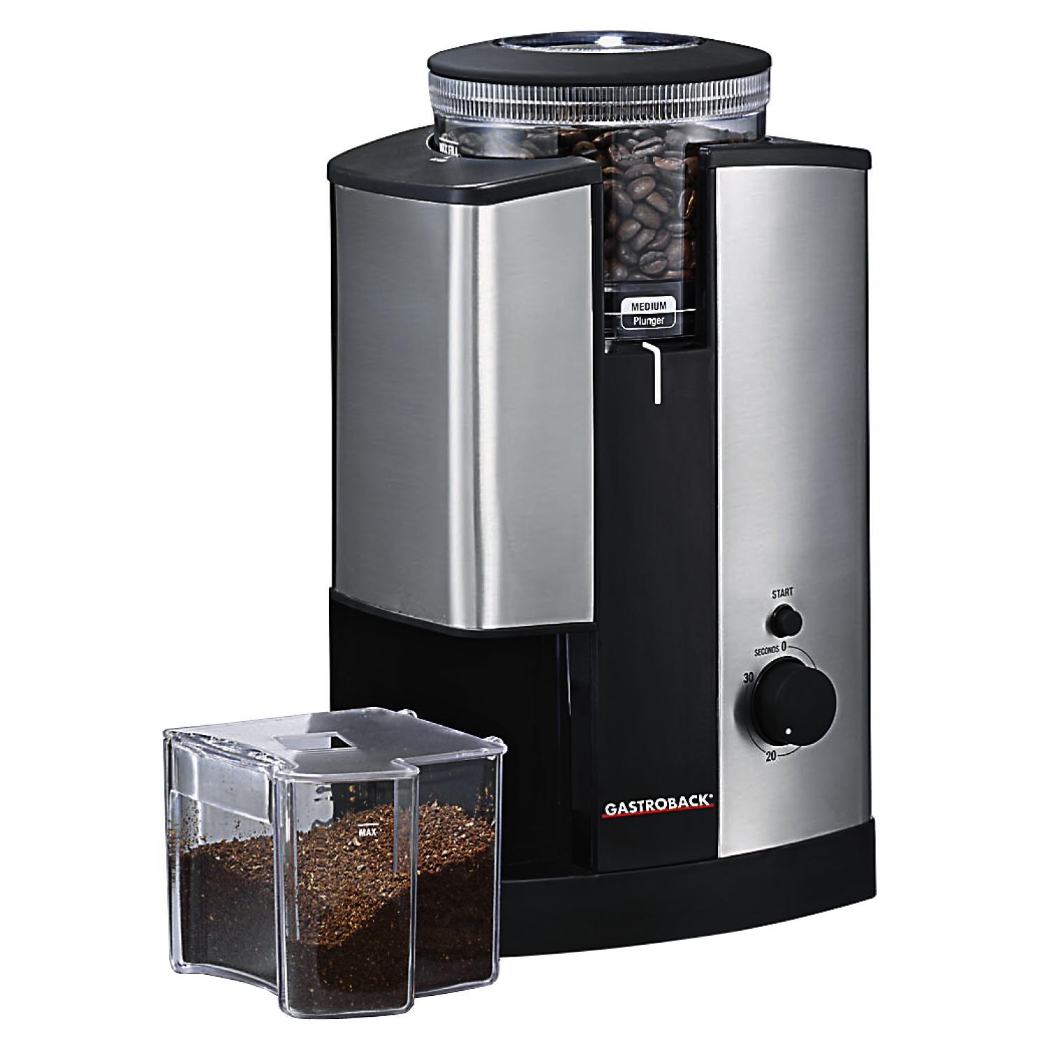 Gastroback Kaffeemühle mit Bohnen in transparentem Behälter. Gemahlener Kaffee separat.