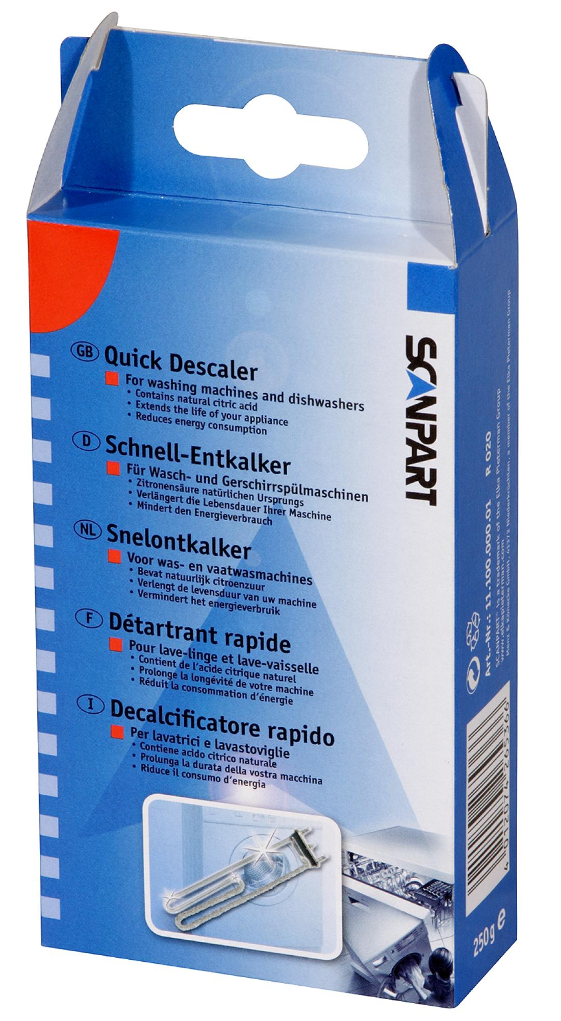 Een blauw-witte doos met het label "Quick Descaler" voor wasmachines, met afbeeldingen van een verwarming.