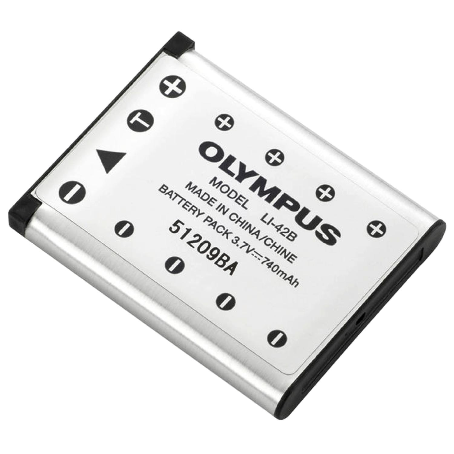 Olympus Kamera-Akku. Silber, mit schwarzen Ecken. Text darauf.