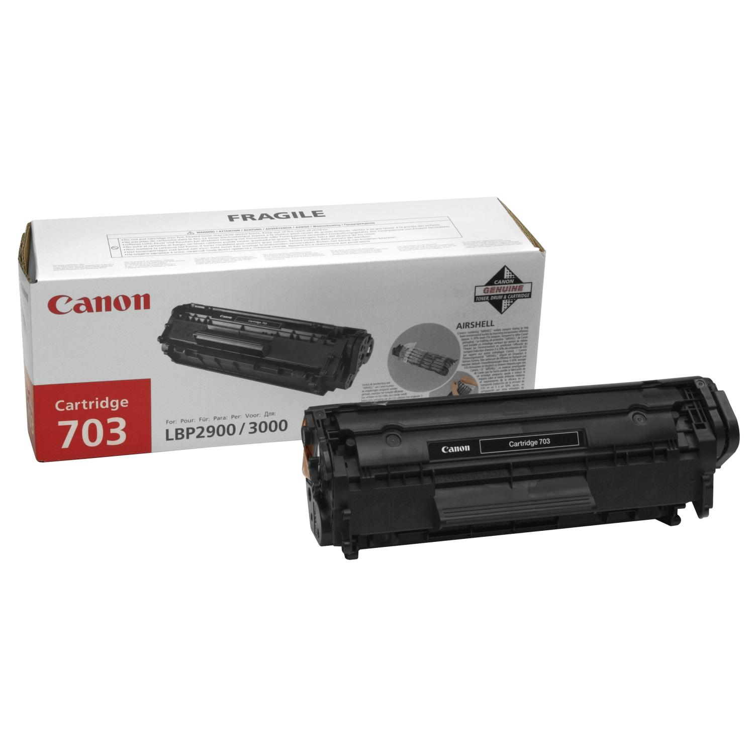 Canon 703 toner kartuşu, kutusuyla birlikte, beyaz bir arka plan üzerinde. Kartuşu ve ambalajı içerir.