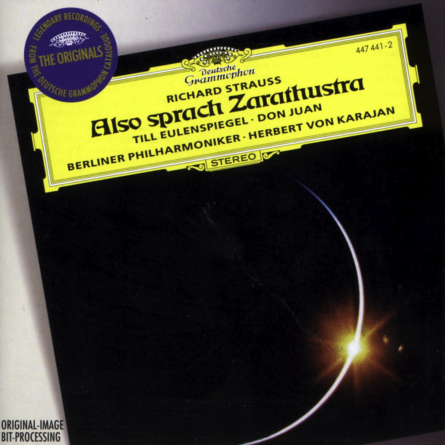 Richard Strauss 'Also sprach Zarathustra' című albumának borítója, sárga és fekete.