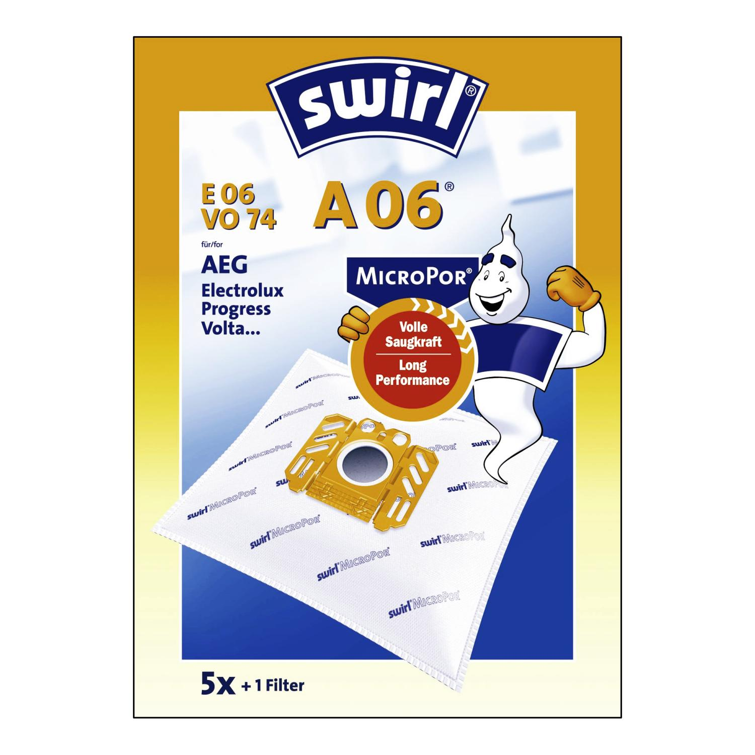 Verpackung für Staubsaugerbeutel, mit Text und Logo. Es hat eine Illustration einer Comicfigur.
