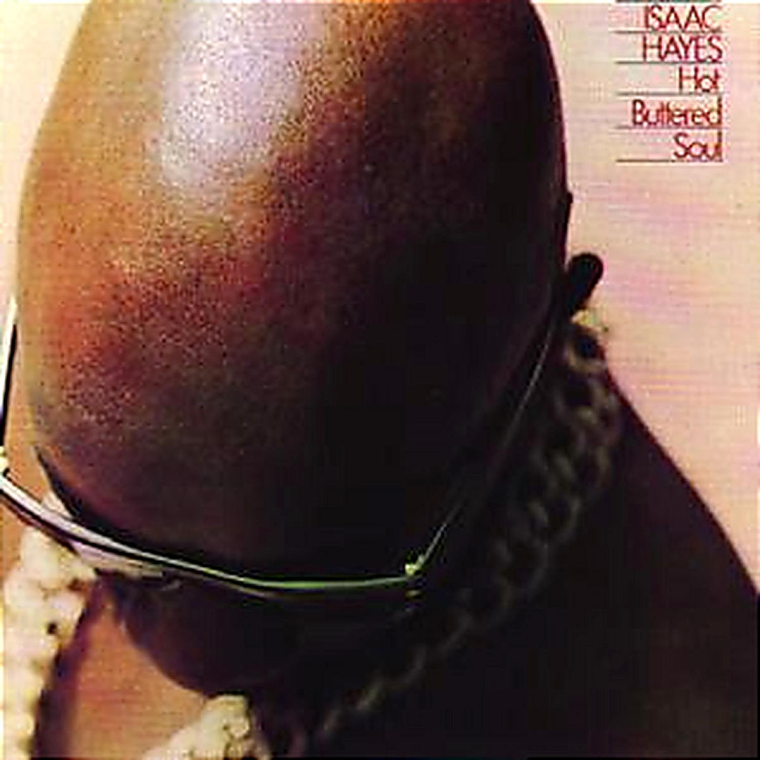 Albumcover von Isaac Hayes, 'Hot Buttered Soul'. Glatzkopf, Brille und Halskette sind sichtbar.