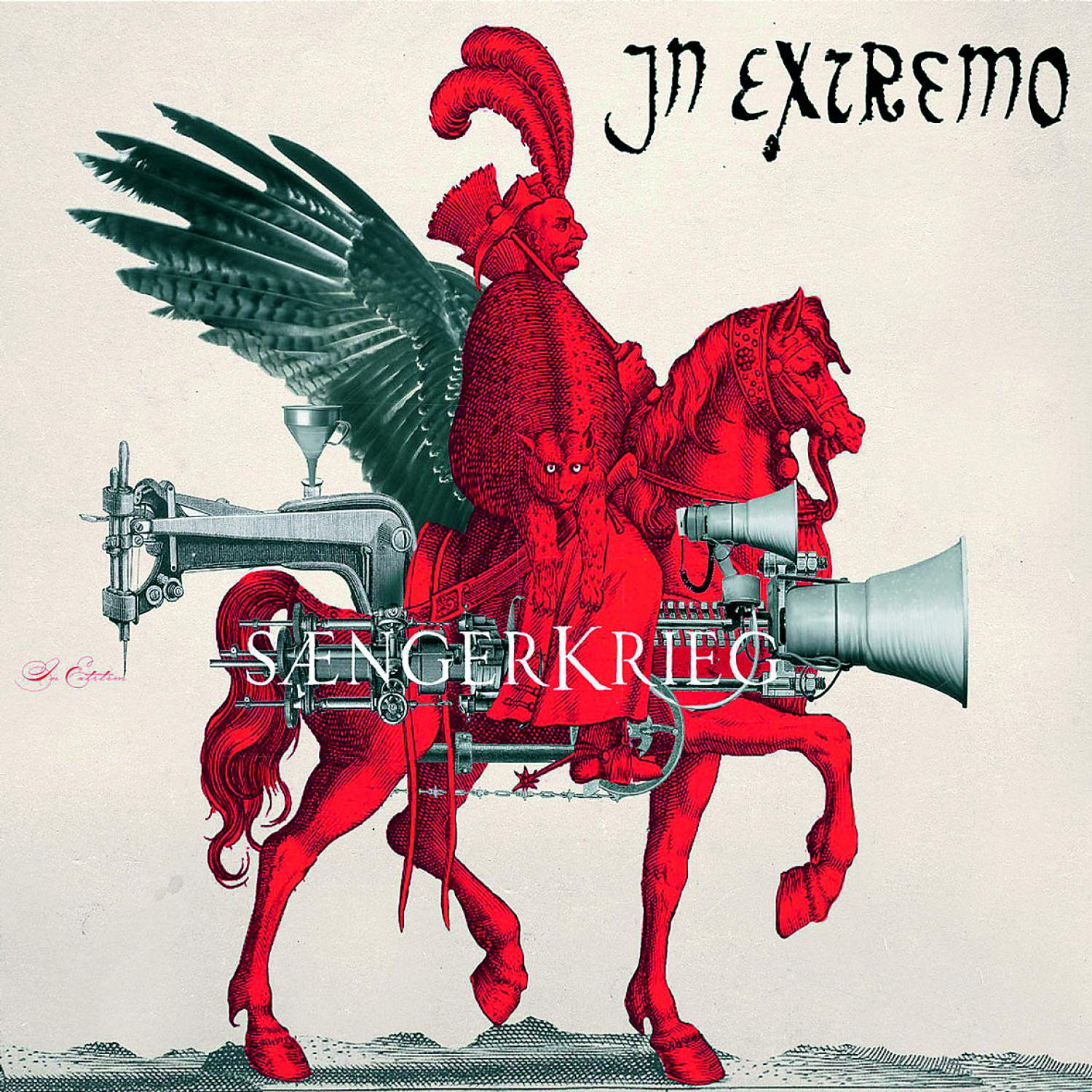Albumcover mit rotem Pferd mit Maschinenteilen, Reiter und Flügeln, Text 'IN EXTREMO SANGERKRIEG'.