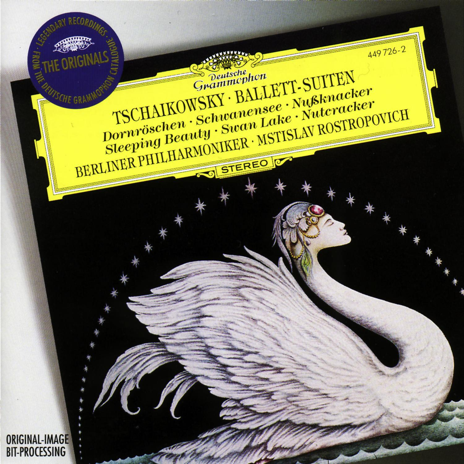 CD-Cover mit Schwanenillustration auf Schwarz, betitelt 'Ballett-Suiten' und mit Tschaikowsky.