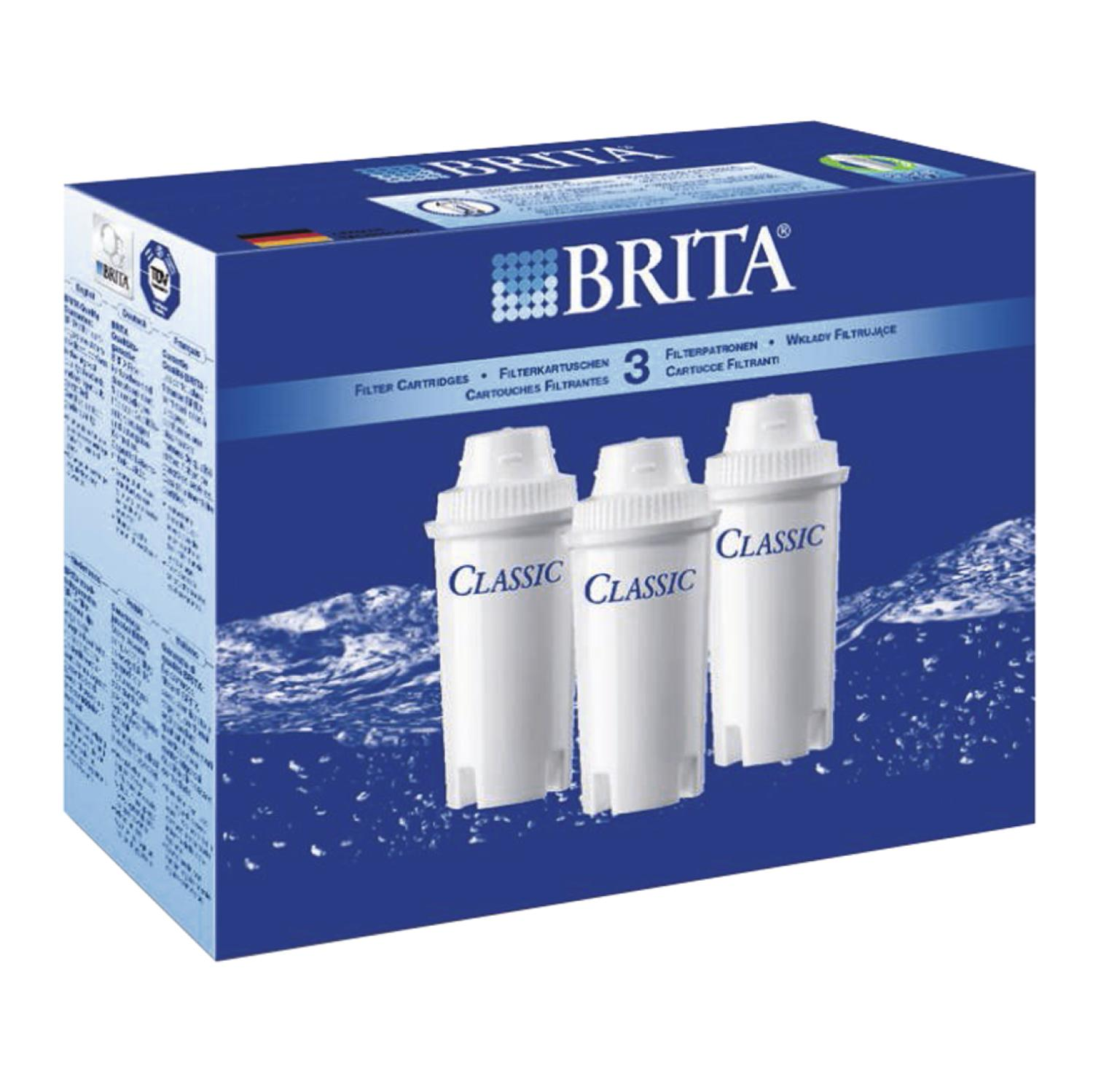 Brita Wasserfilterbox. Drei weiße Filterpatronen sind vorne.