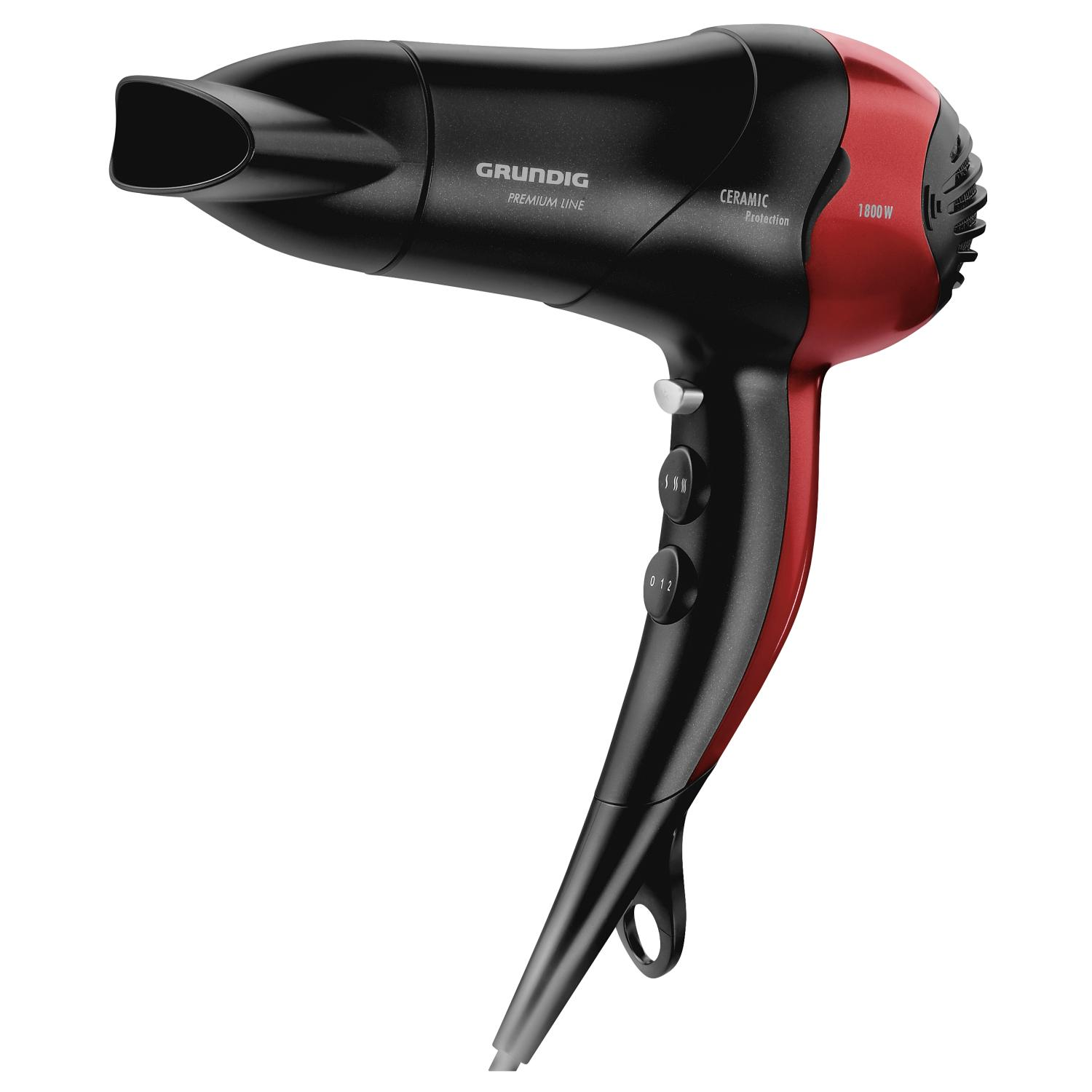 Schwarzer und roter Haartrockner mit Grundig-Logo, Keramikschutz und 1000W Leistung auf weißem Hintergrund.